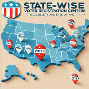 Map of the USA with markers indicating state-wise voter registration centers.