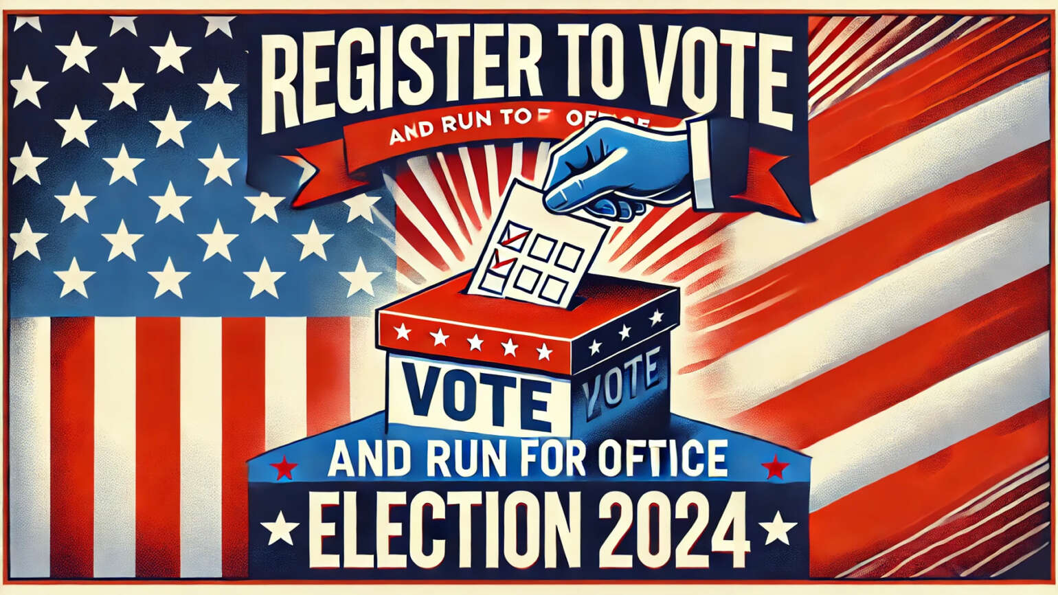 Register to Vote and Run for Office - Election 2024 Banner with Ballot Box and American Flag