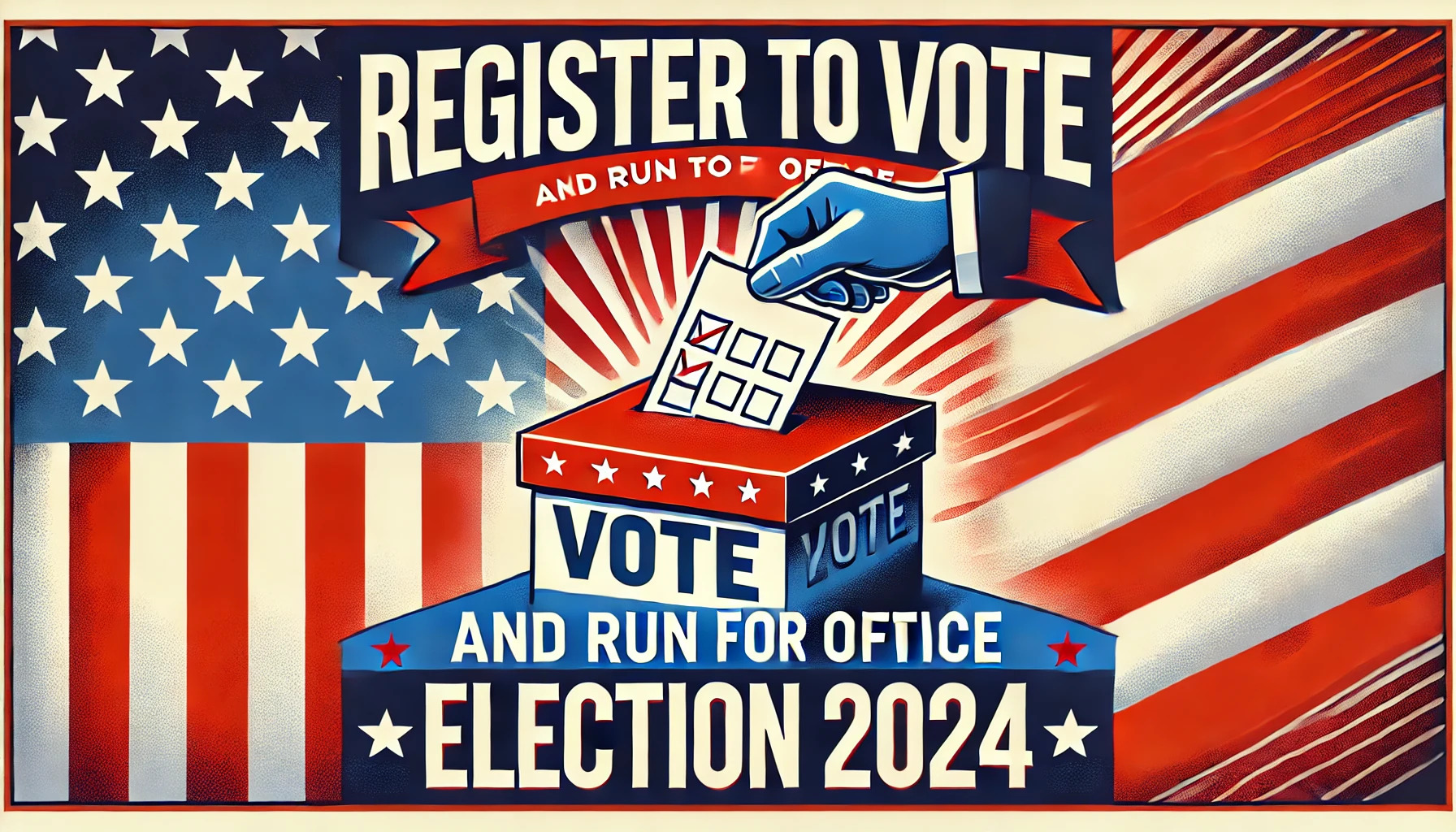 Register to Vote and Run for Office - Election 2024 Banner with Ballot Box and American Flag